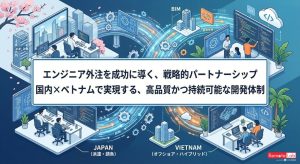 日本とベトナムの戦略的パートナーシップによるエンジニア外注（機械設計・BIM・ソフトウェア開発）の成功イメージ図