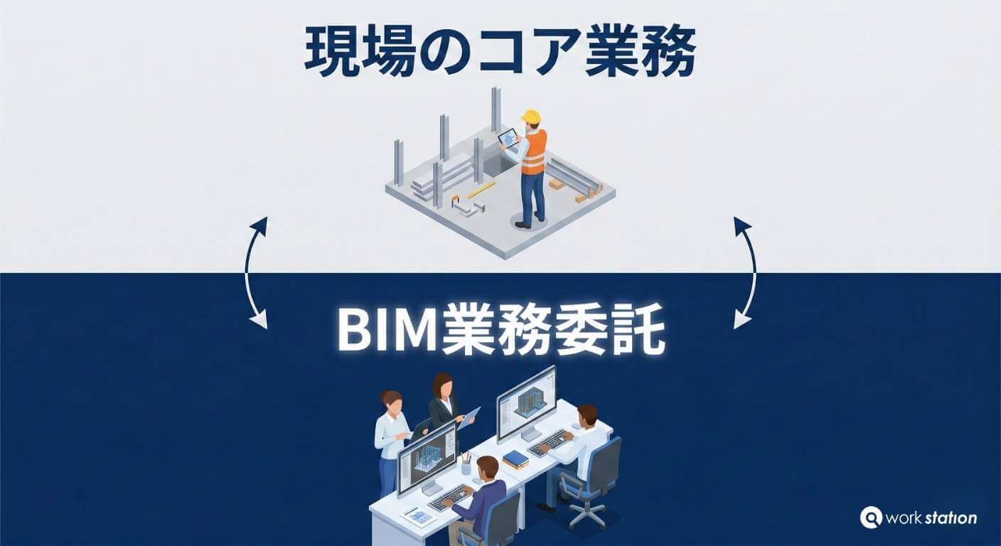 現場の施工管理アプリ活用とBIM業務委託（外国人エンジニア）の連携フロー