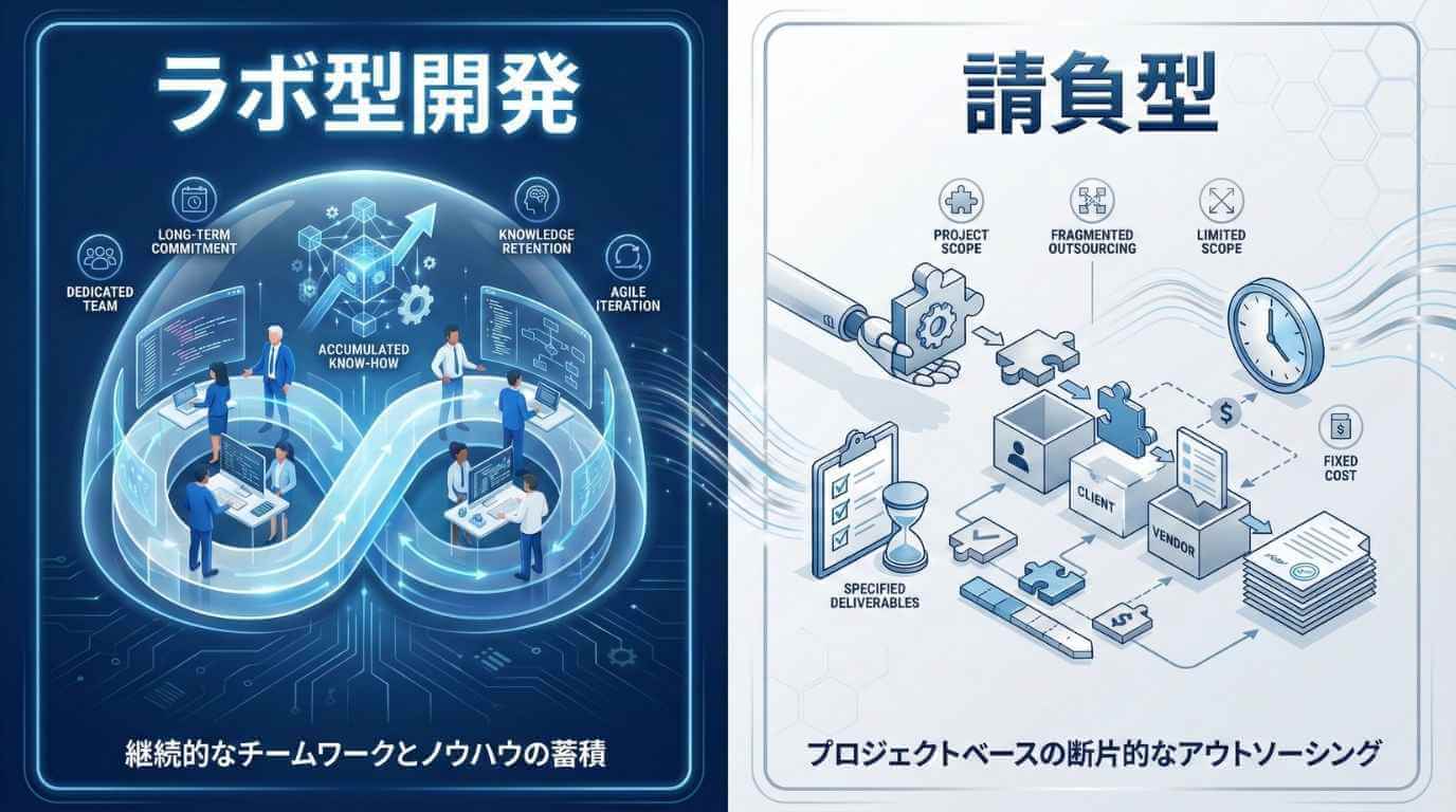 ラボ型開発と請負型（プロジェクト受託）のメリット比較図