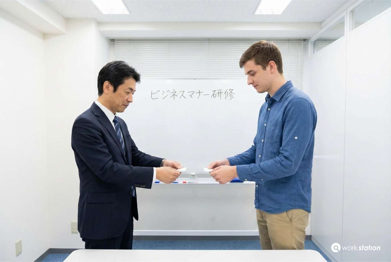外国人エンジニアへのマンツーマンビジネスマナー指導(名刺交換)