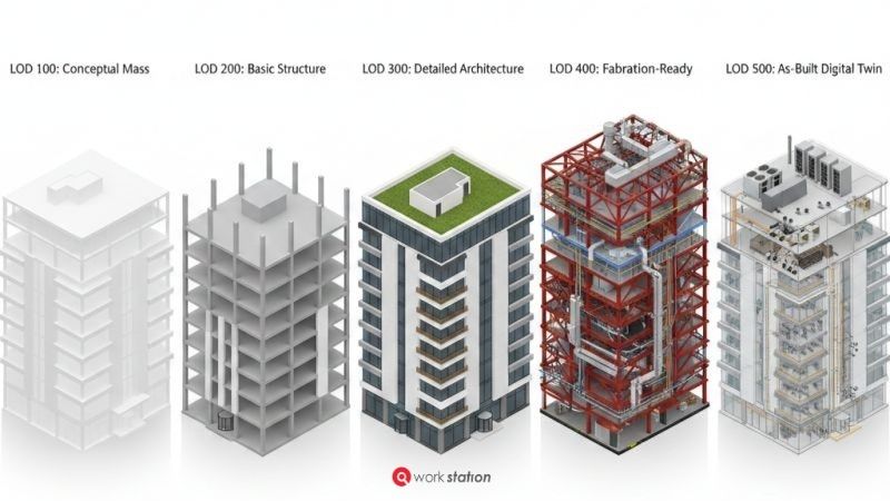 BIM LOD 100から500までのモデリング精度と詳細度の比較