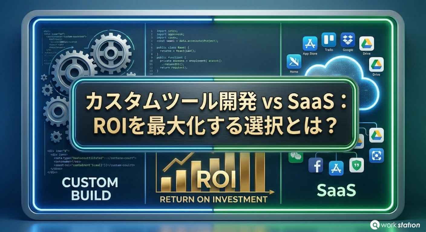 社内カスタムツール開発とSaaS導入のROI比較を示すオフィス環境のイメージ