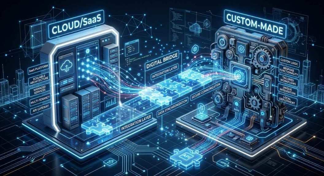 SaaSの基本機能とカスタム開発ツールをAPIで連携させるハイブリッド戦略の概念図