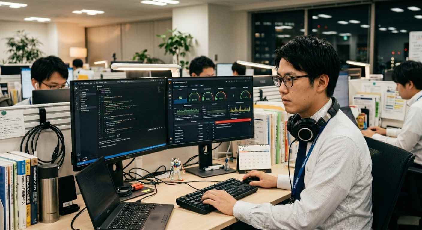 カスタムツールのメンテナンスとSaaSのアップデートを示すITエンジニアの作業風景