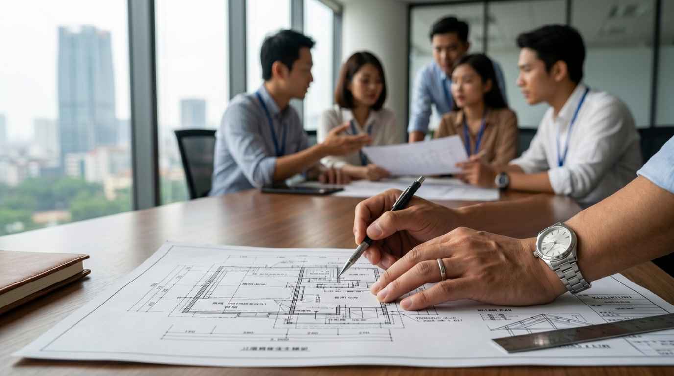 オープンハウス案件の図面をチェックするベトナム人エンジニア